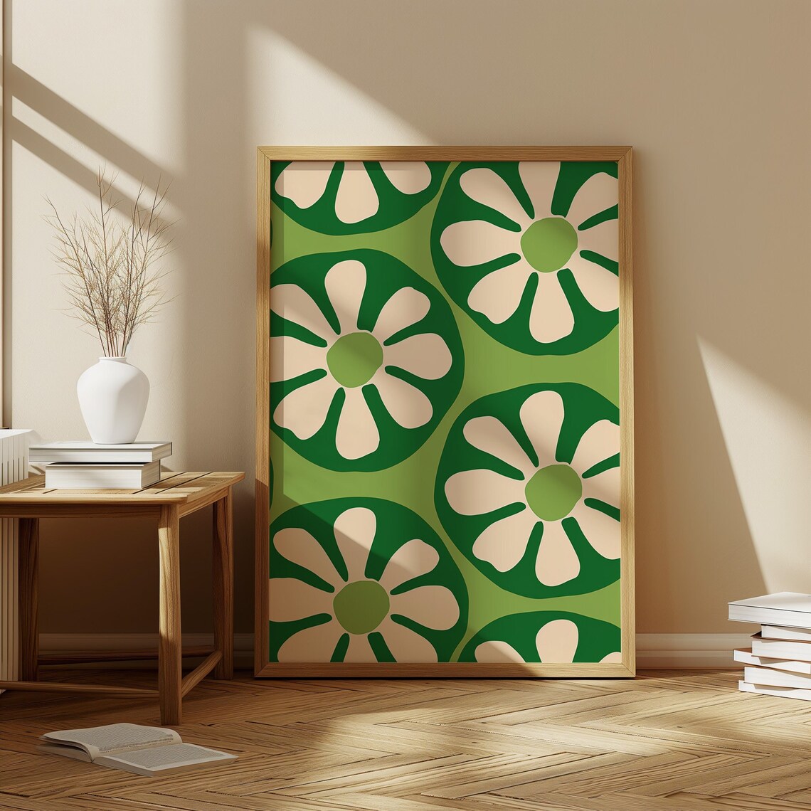 Green Cream Retro Daisy Circles Groovy Pattern Poster for Kitchen Wall Decor