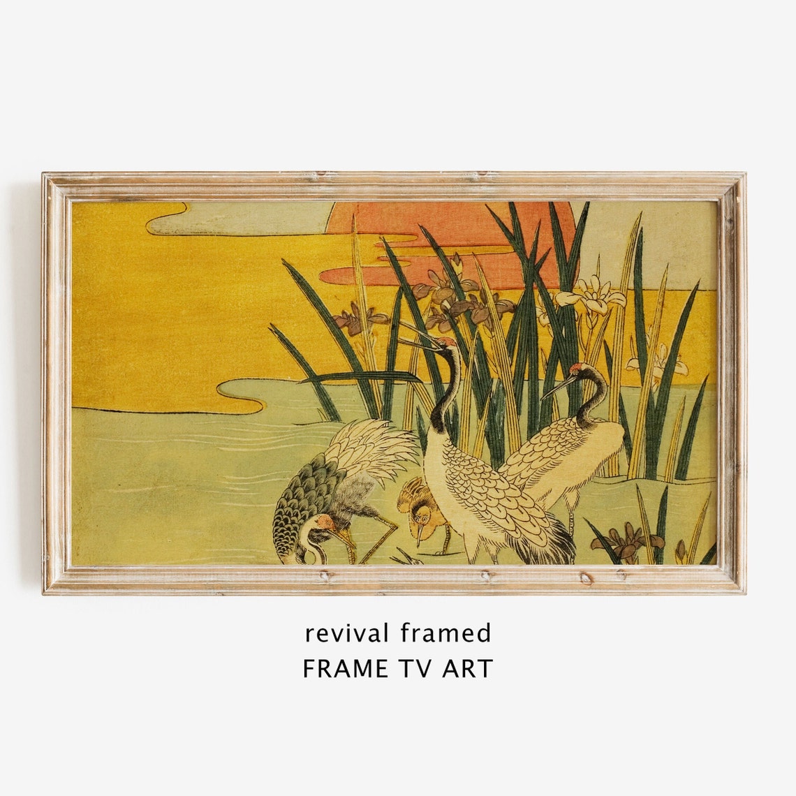 Japanese Cranes in a Marsh at Sunset Vintage Woodblock Poster