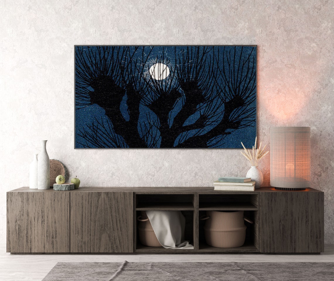Full Moon Behind Bare Black Trees Deep Blue Night Woodcut Poster - Image 4