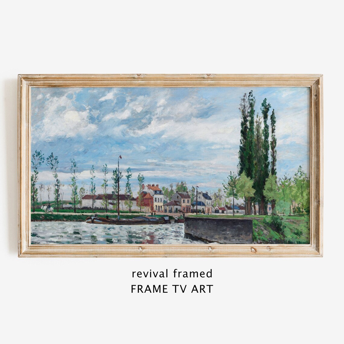 Impressionist Riverside Village with Moored Barges and Poplars Poster