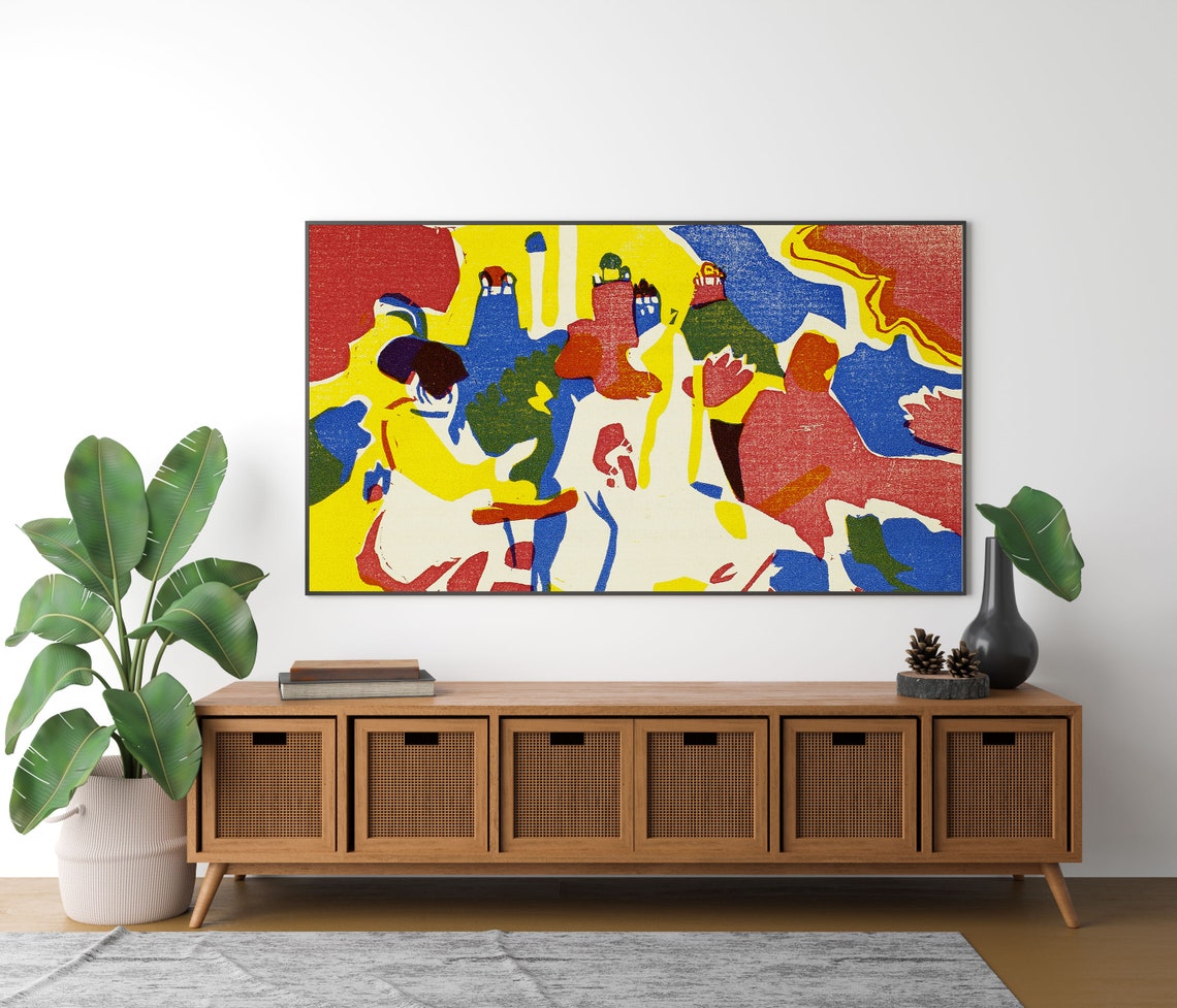 Fauvist Woodcut Style Figures in Bold Red Yellow Blue Poster - Image 4