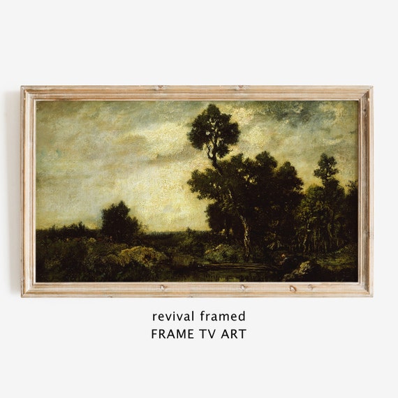 Moody Landscape Frame Tv Art Neutral Vintage Oil Painting Instant Minimalist Home Decor Trees Antique Artwork