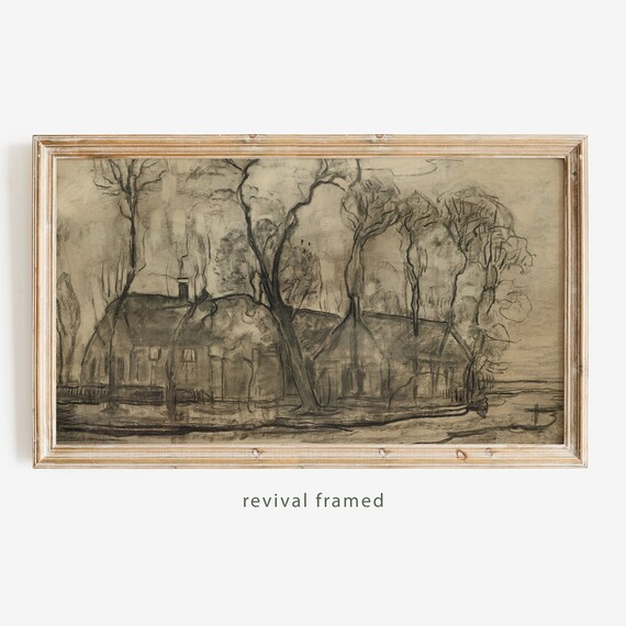 Van Gogh Group of Cottages Charcoal Sketch Sepia Drawing Poster