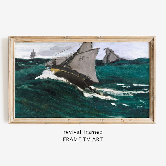 Sailboat on Rough Teal Sea Vintage Impressionist Oil Painting Poster