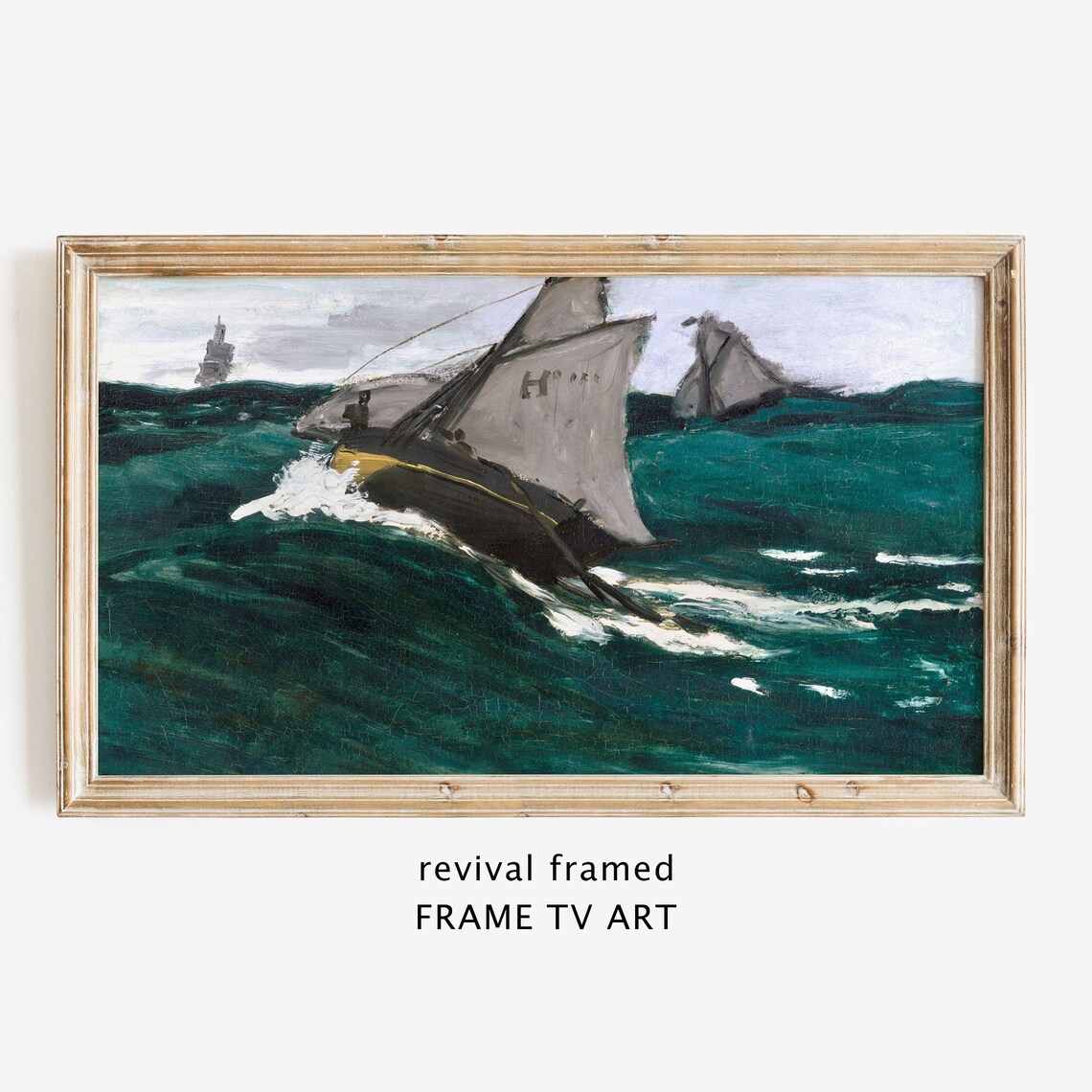 Sailboat on Rough Teal Sea Vintage Impressionist Oil Painting Poster