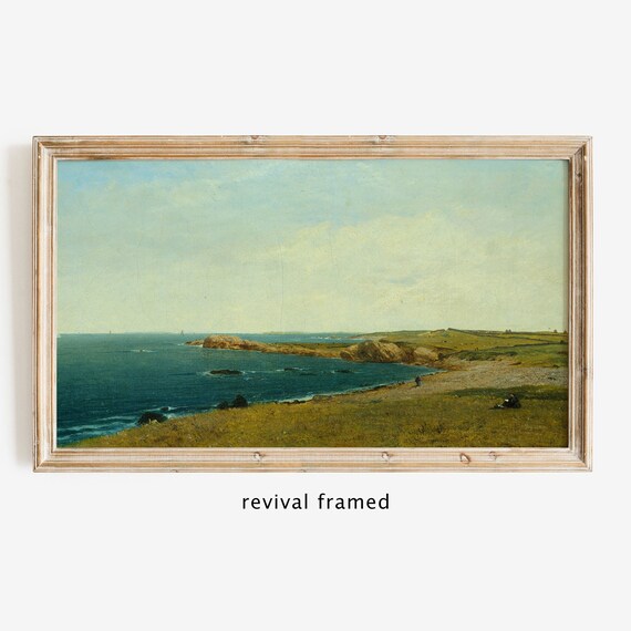 Coastal Seascape Vintage Oil Painting Rocky Shoreline and Blue Ocean Poster