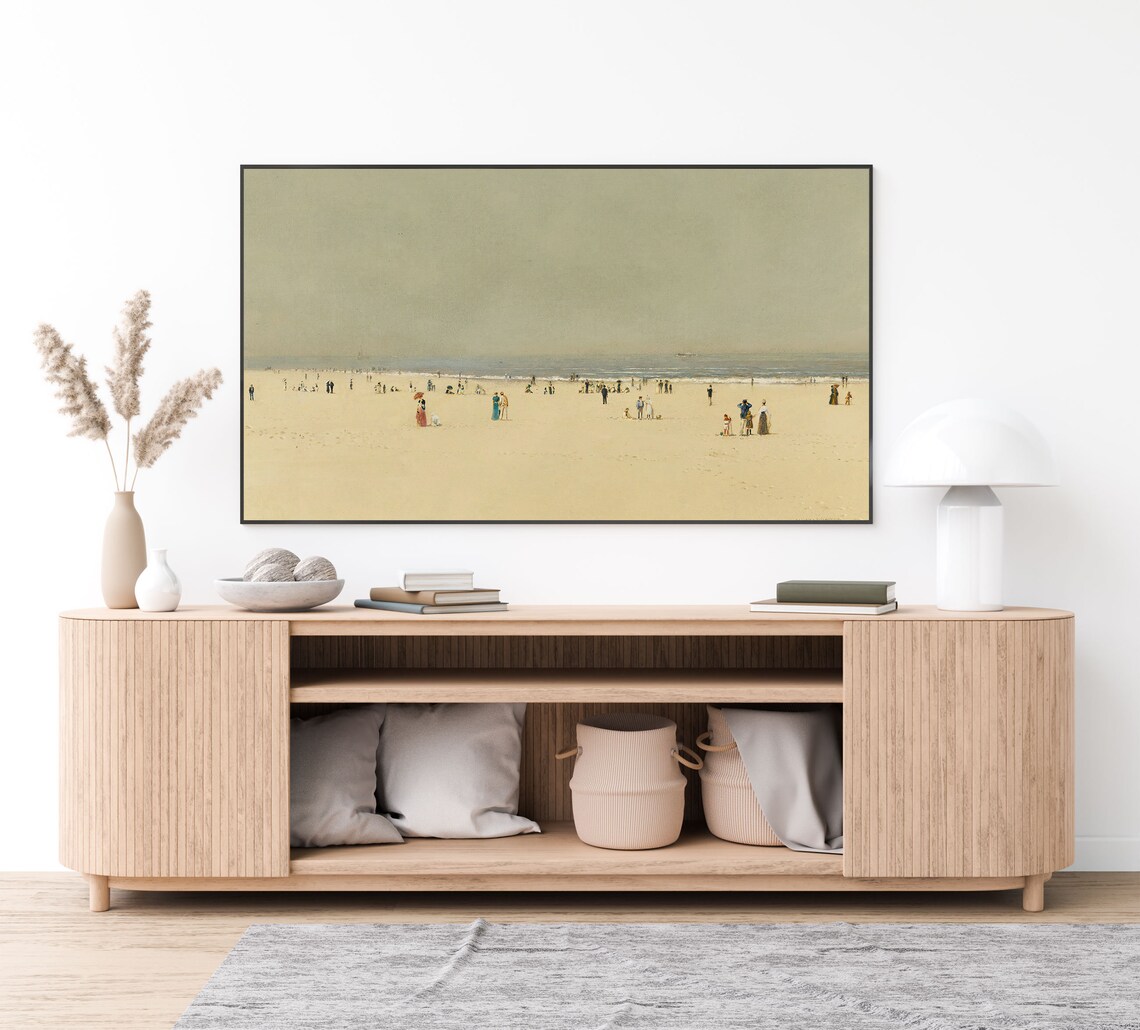 Minimal Wide Beach Scene Tiny Figures Pale Sand Calm Ocean Vintage Wall Art - Image 4