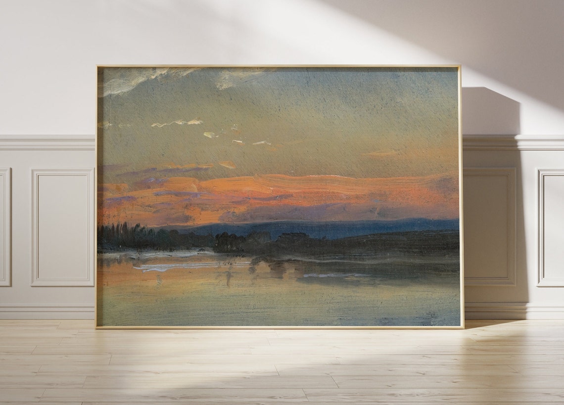 Pink Boho Sunset Abstract Landscape Painting Over Dark Water Poster