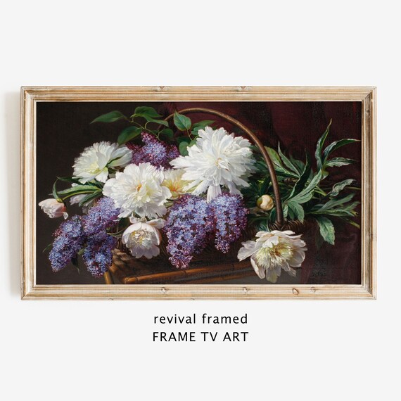 White Peonies and Purple Lilacs Vintage Basket Floral Oil Painting Poster