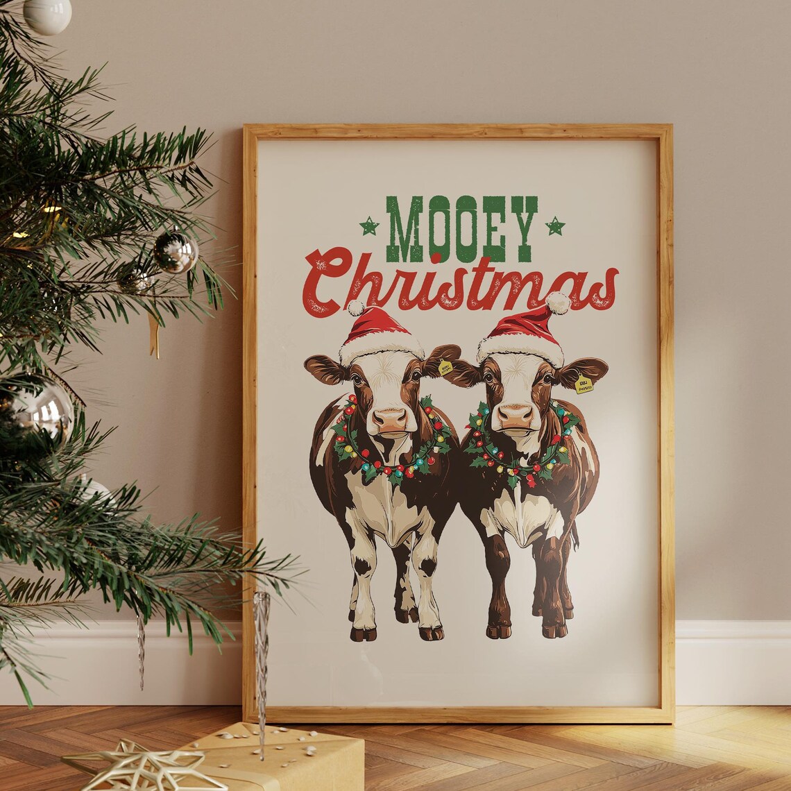 Mooey Christmas Adorable Cows in Santa Hats Farmhouse Poster