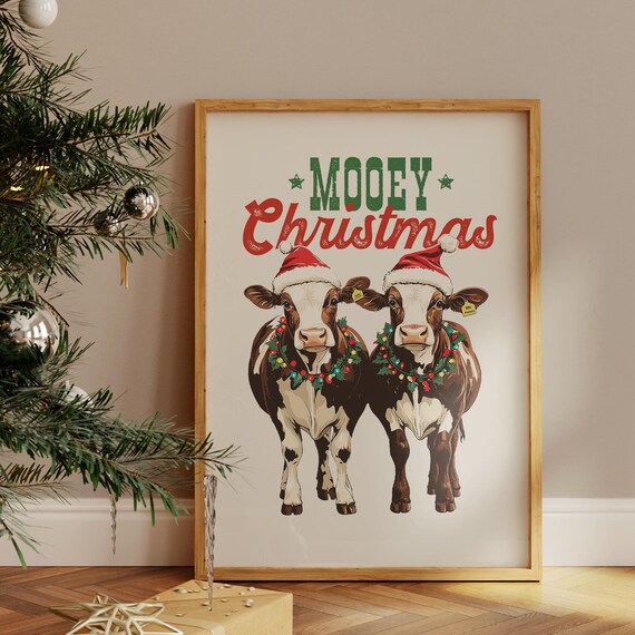Mooey Christmas Adorable Cows in Santa Hats Farmhouse Poster