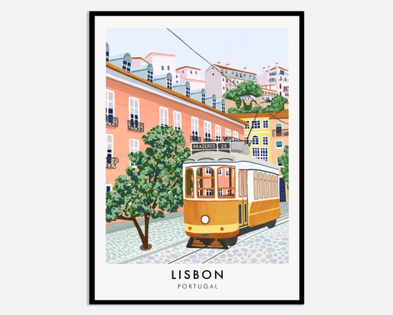 Lisbon Portugal Yellow Tram 28 Colorful Buildings Travel City Art Print Cityscape Landscape Illustration Europe Poster Ta34