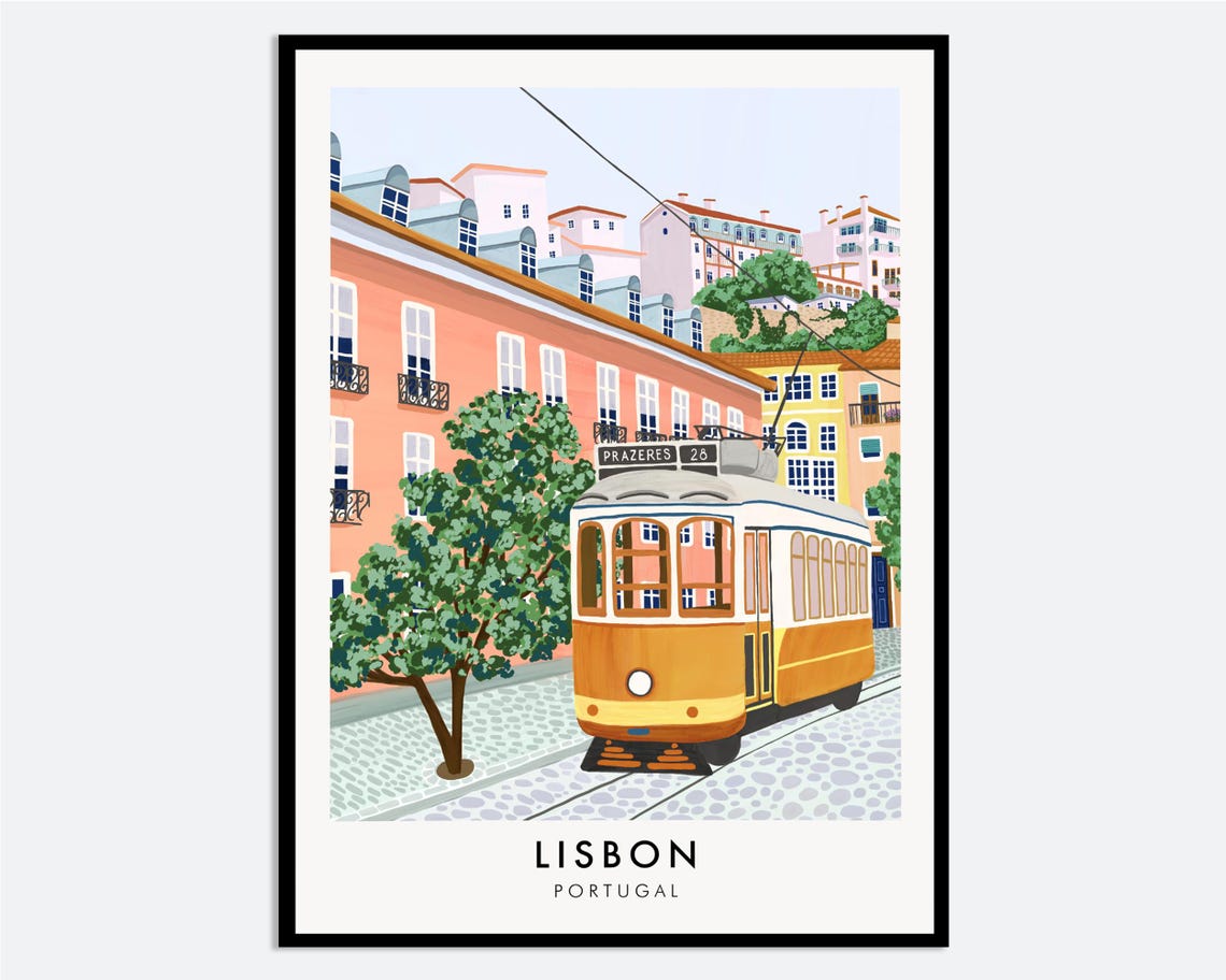 Lisbon Portugal Yellow Tram 28 Colorful Buildings Travel City Art Print Cityscape Landscape Illustration Europe Poster Ta34