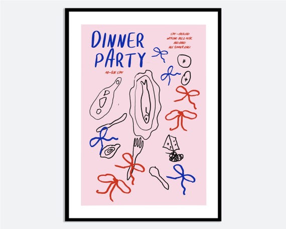 Dinner Party Poster Wall Art Print Hand Drawn Food Illustration With Bows Pink Contemporary Kitchen Playful Modern Design Ma52
