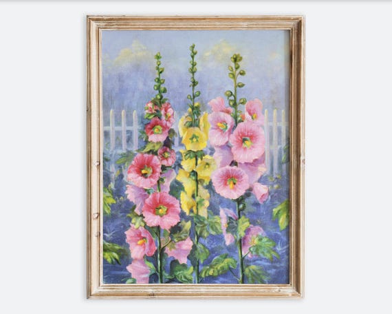Vintage Hollyhock Flower Wall Art Print Antique Botanical Garden Poster Rustic Summer Floral Illustration Pink Yellow Nature Decor Vp312