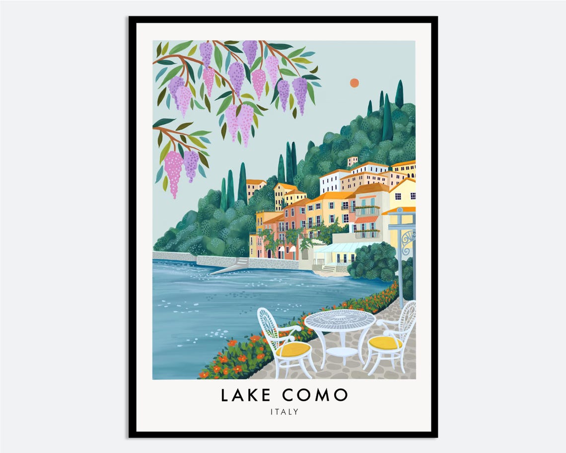 Lake Como Italy Colorful Coastal Town Scenic Villa Travel City Art Print Flowers Landscape Illustration Europe Poster Ta32