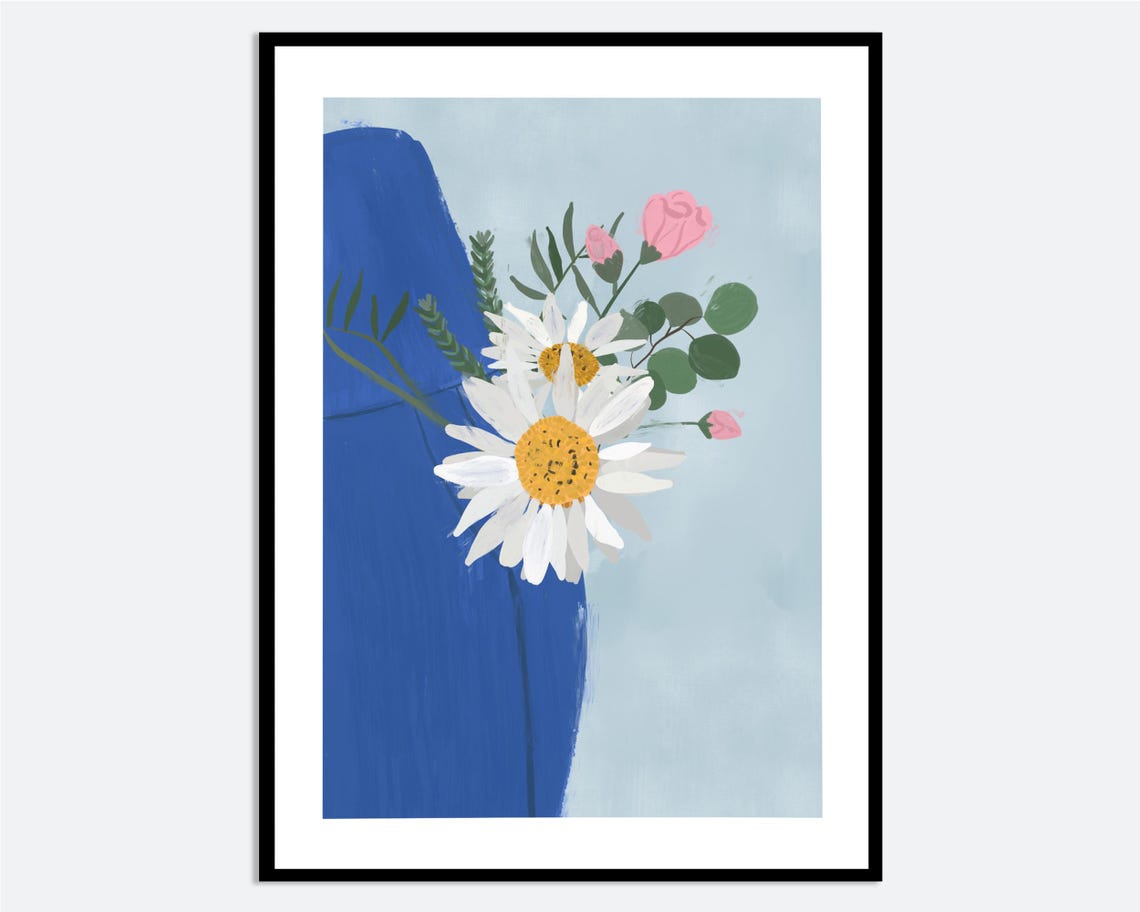Flowers In Blue Jeans Pocket Daisy Rose Denim Illustration Poster