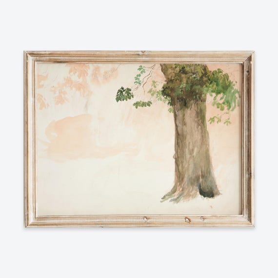 Vintage Colorful Tree Trunk Study Watercolor Painting Wall Art Print Pastel Rustic Landscape Poster Antique Moody Farmhouse Decor Vp345