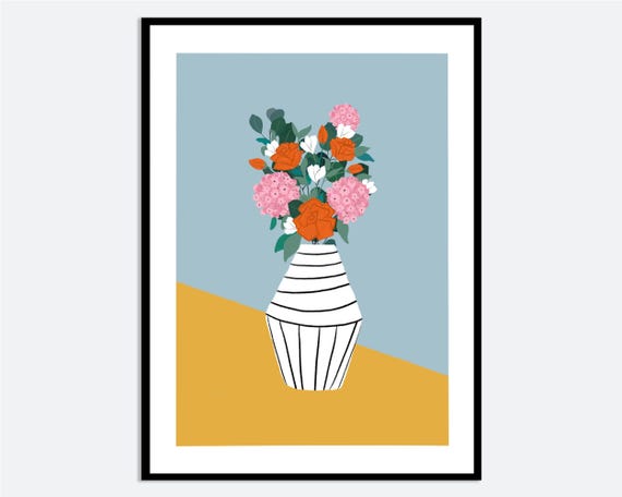 Striped Vase Floral Wall Art Print Contemporary Hand Drawn Flower Illustration Orange Pink Kitchen Spring Summer Poster Ma41