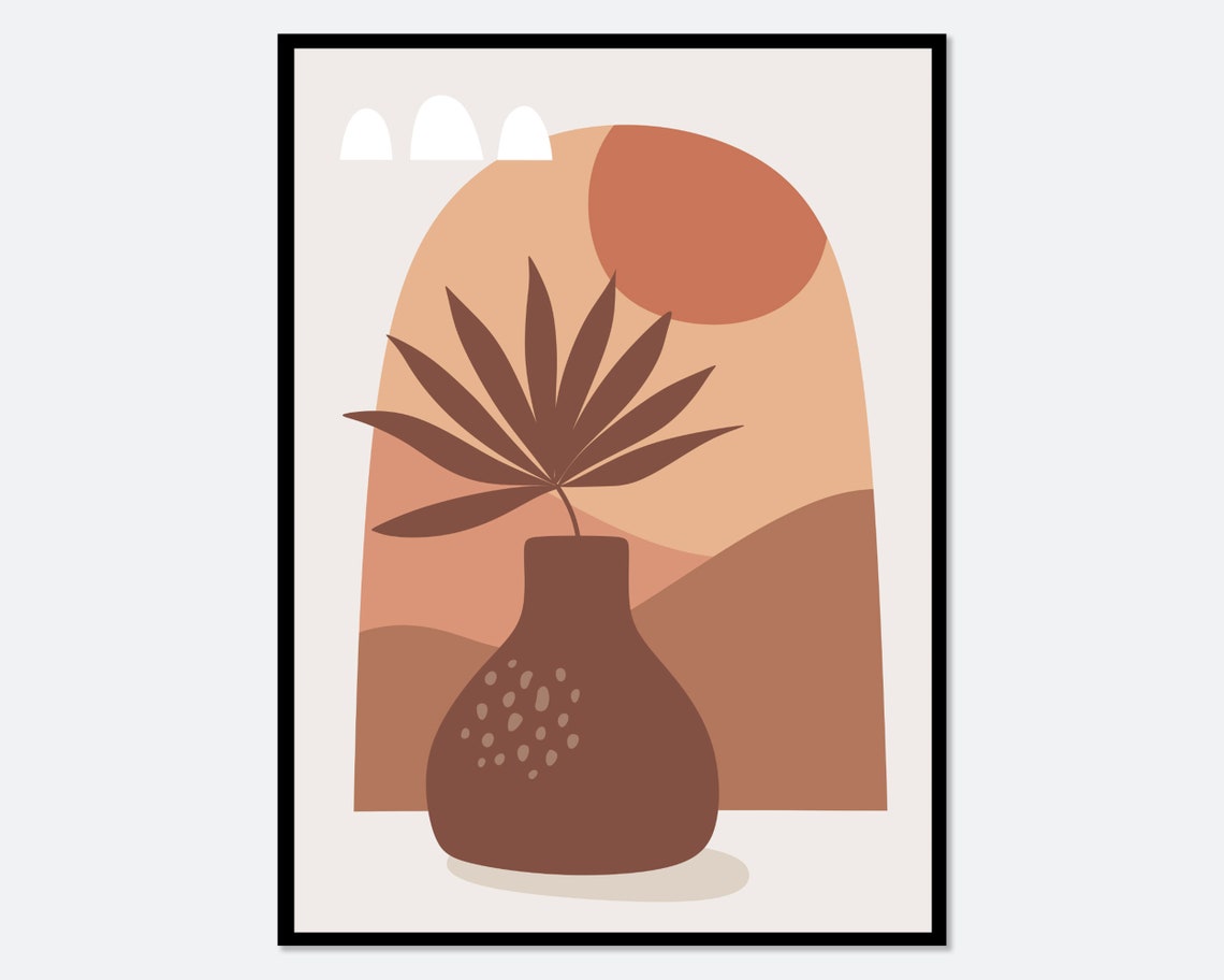 Terracotta Vase With Palm Leaf and Arched Desert Sun Boho Poster
