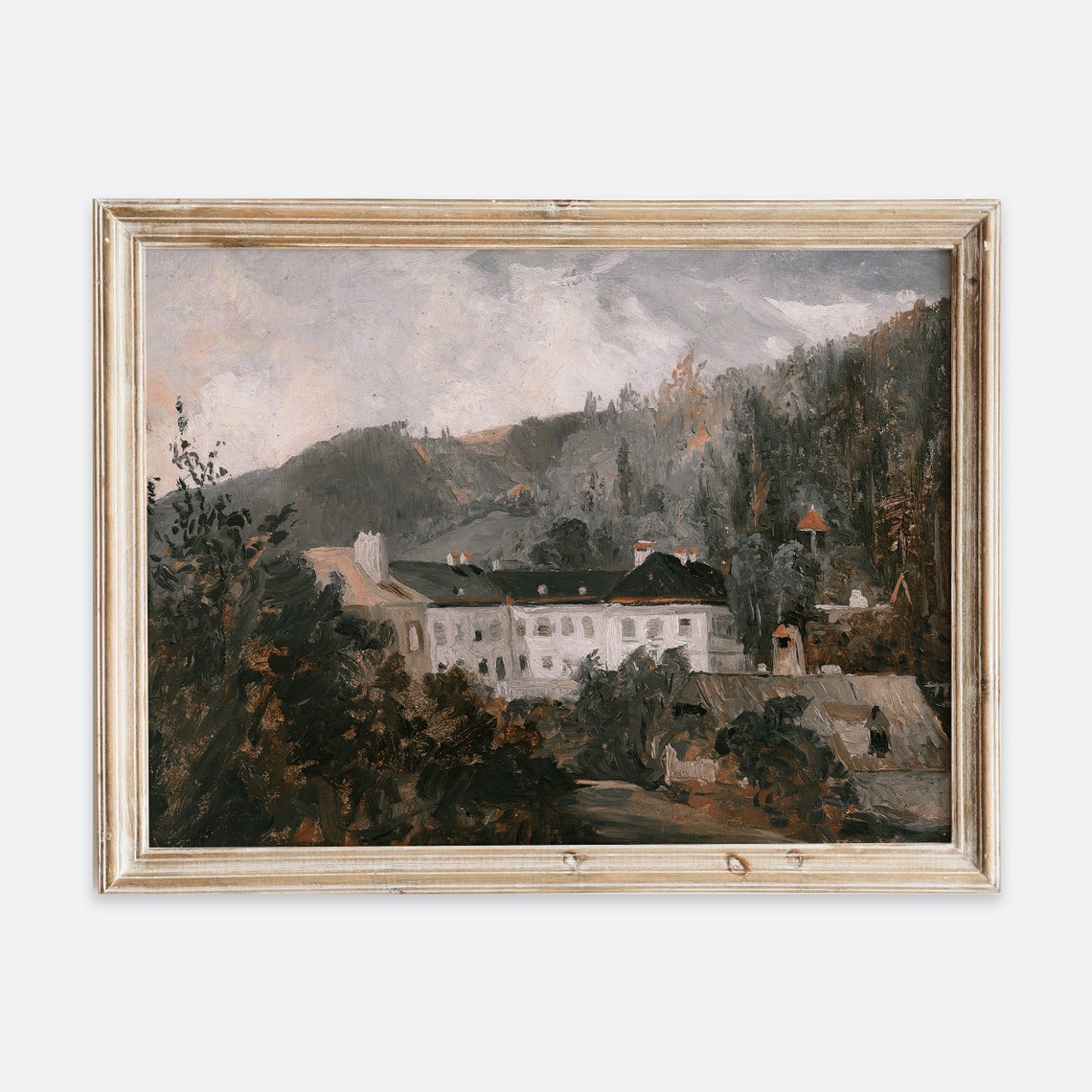 Rustic Vintage European Country House Oil Painting Wall Art Print Neutral Warm Autumn Landscape Poster Antique Moody Farmhouse Decor Vp102