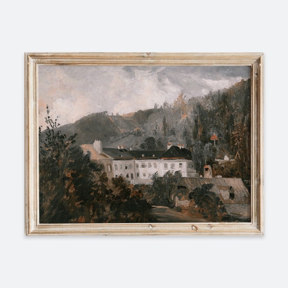 Rustic Vintage European Country House Oil Painting Wall Art Print Neutral Warm Autumn Landscape Poster Antique Moody Farmhouse Decor Vp102