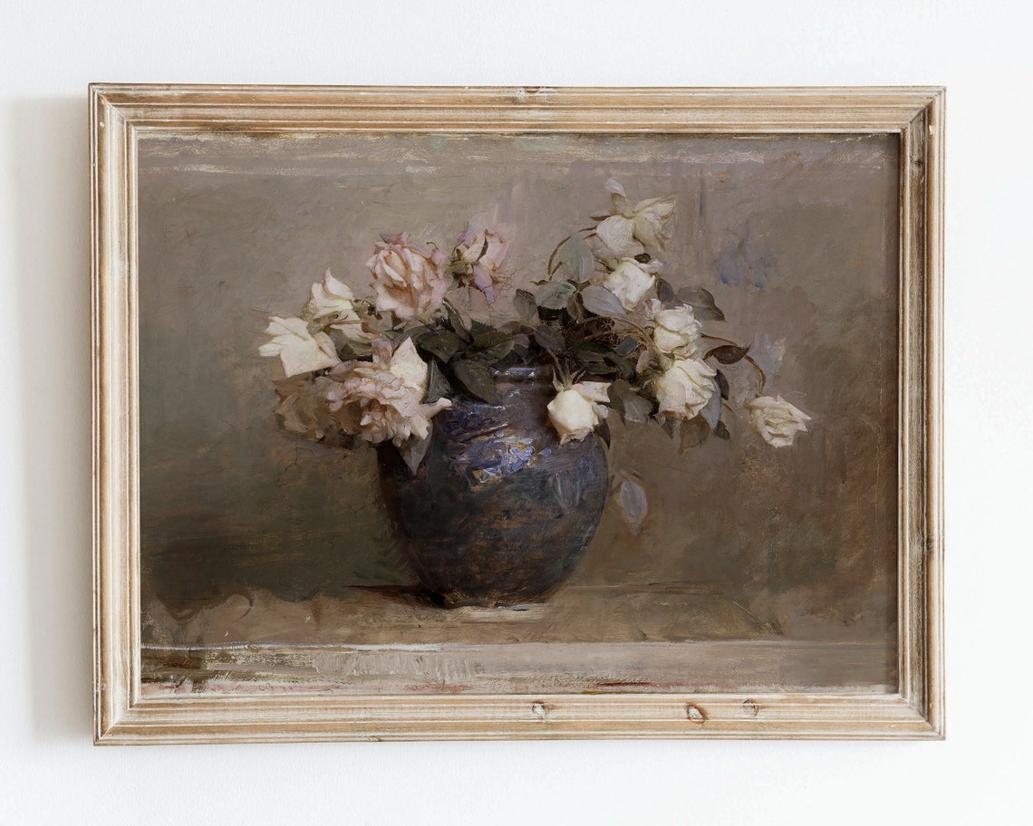 European Vintage Rose Flowers In Vase Still Life Wall Art Print Rustic Dark Oil Painting Famous Antique Moody Neutral Farmhouse Poster Vp46