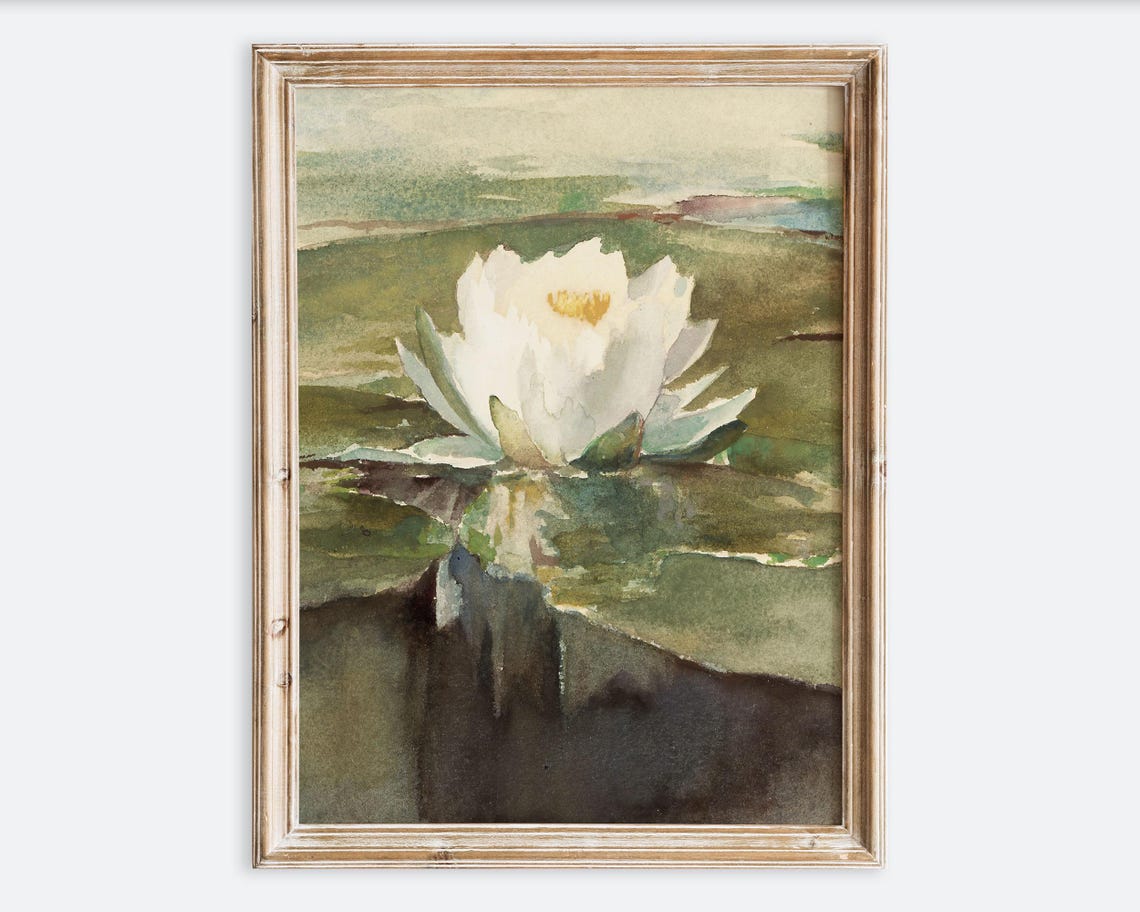 European Vintage Water Lily In Sunlight Still Life Wall Art Print Rustic Nature Oil Painting Antique Moody Floral Farmhouse Poster Vp361