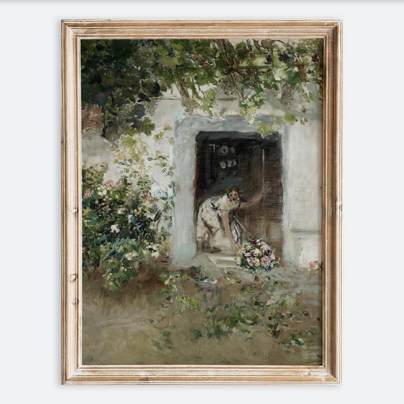 European Vintage Woman In Garden With Floral Offerings Wall Art Print Rustic Oil Painting Antique Moody Neutral Farmhouse Poster Vp134