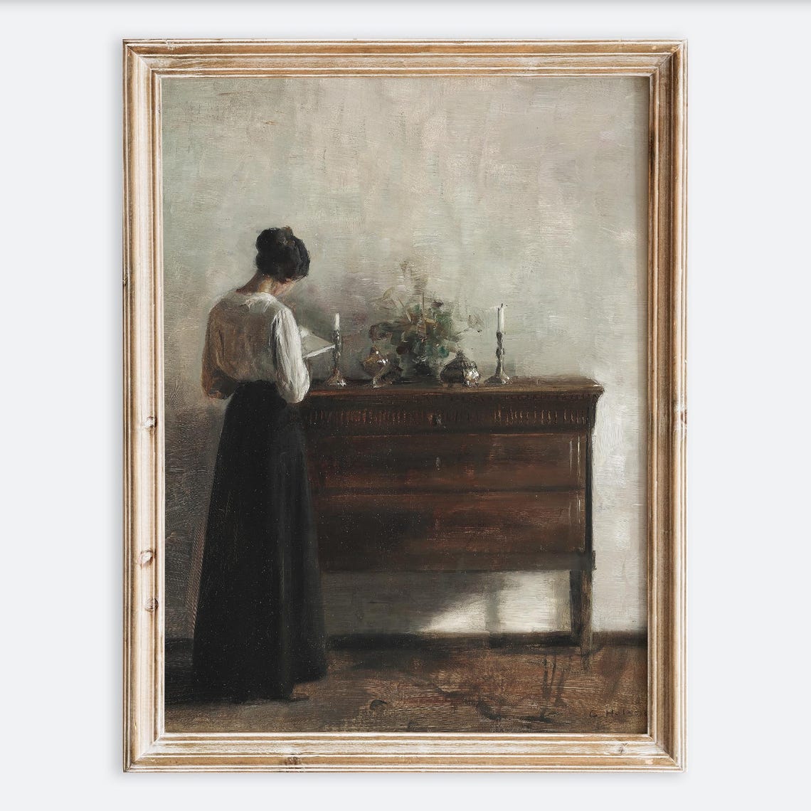 European Vintage Rustic Interior Woman Reading Oil Painting Wall Art Print Antique Girl Poster Moody Muted Farmhouse Artists Wife Vp156