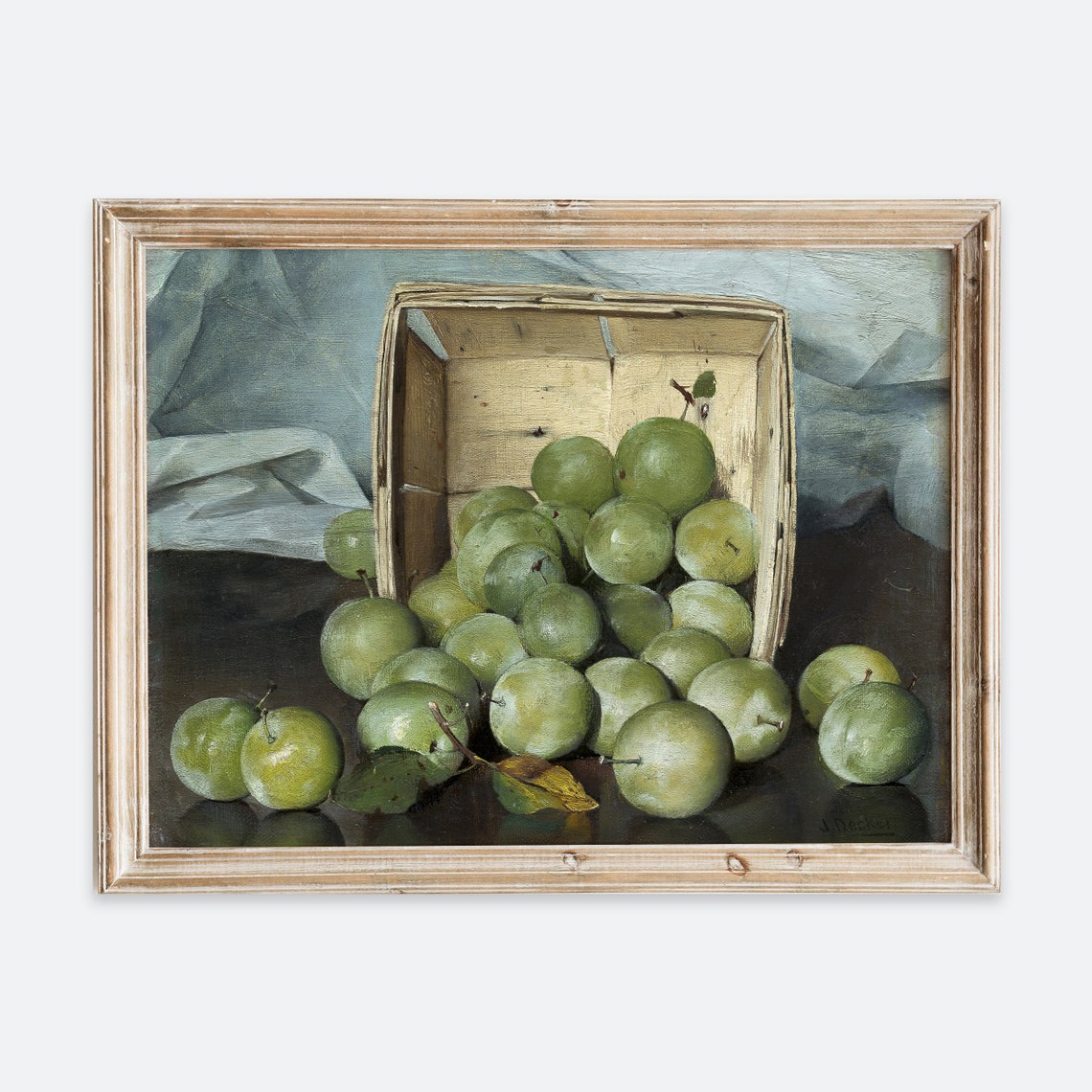 European Vintage Green Plums Still Life Wall Art Print Rustic Dark Moody Oil Painting Fruits Poster Antique Farmhouse Kitchen Vp146