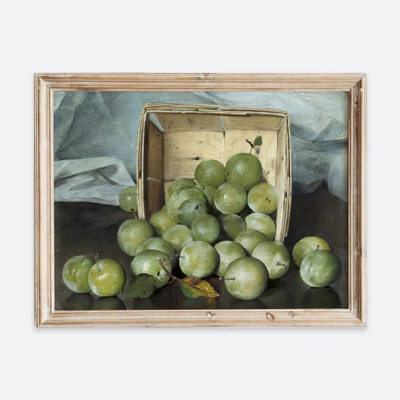 European Vintage Green Plums Still Life Wall Art Print Rustic Dark Moody Oil Painting Fruits Poster Antique Farmhouse Kitchen Vp146
