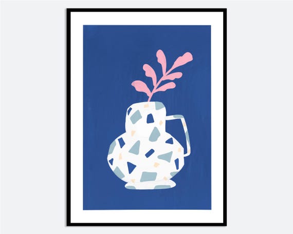 Terrazzo Vase Pink Foliage Wall Art Print Contemporary Modern Hand Drawn Illustration Blue Colorful Spring Summer Poster Ma29