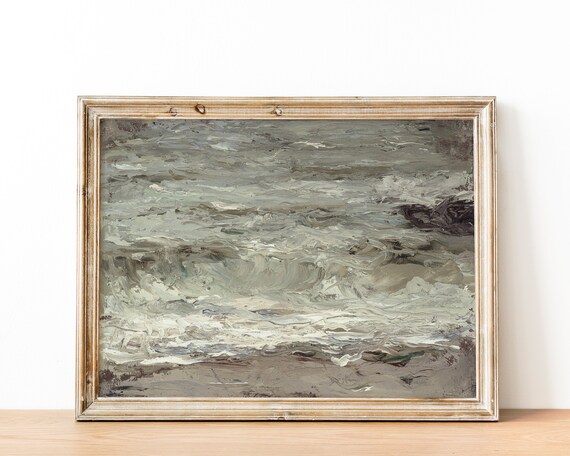 Muted Rustic Gray Ocean Waves Vintage Coastal Oil Painting Wall Art