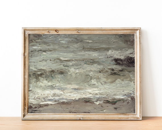 Vintage European Rustic Coastal Ocean Waves Muted Beach Oil Painting Landscape Seascape Poster Mute Antique Moody Farmhouse Print Vp79