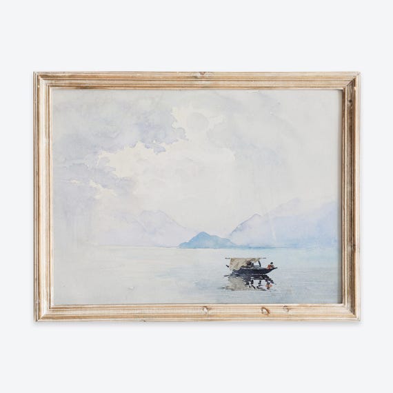 European Vintage Fishing Boat In Ocean Wall Art Print Rustic Coastal Sea Watercolor Painting Antique Farmhouse Muted Poster Vp284