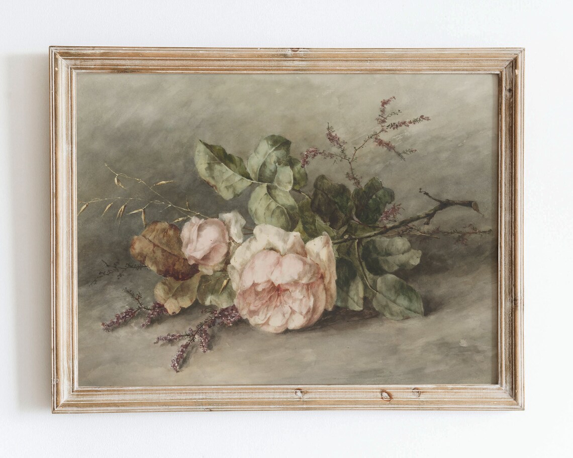 European Vintage Pink Rose Still Life, Poster Print