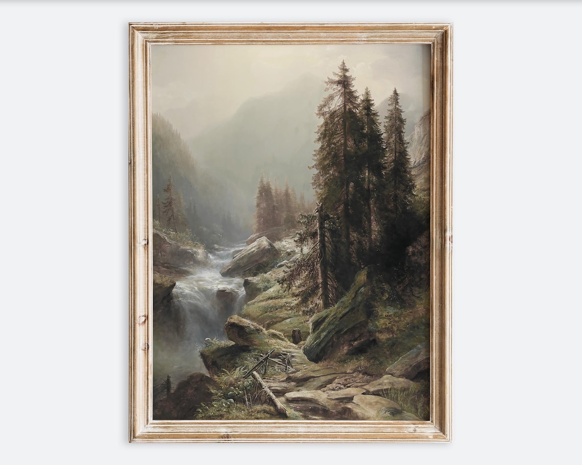 Rustic Vintage Autumn Mountain Waterfall Art Print