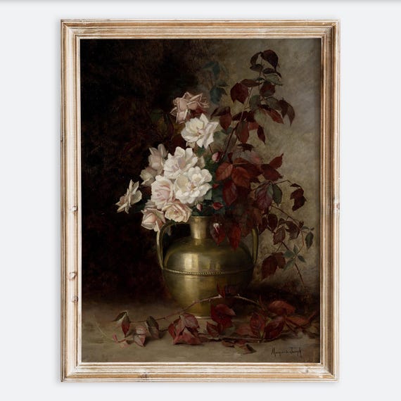 European Vintage Roses Flowers In Brass Vase Still Life Wall Art Print Rustic Dark Oil Painting Antique Moody Farmhouse Poster Vp152