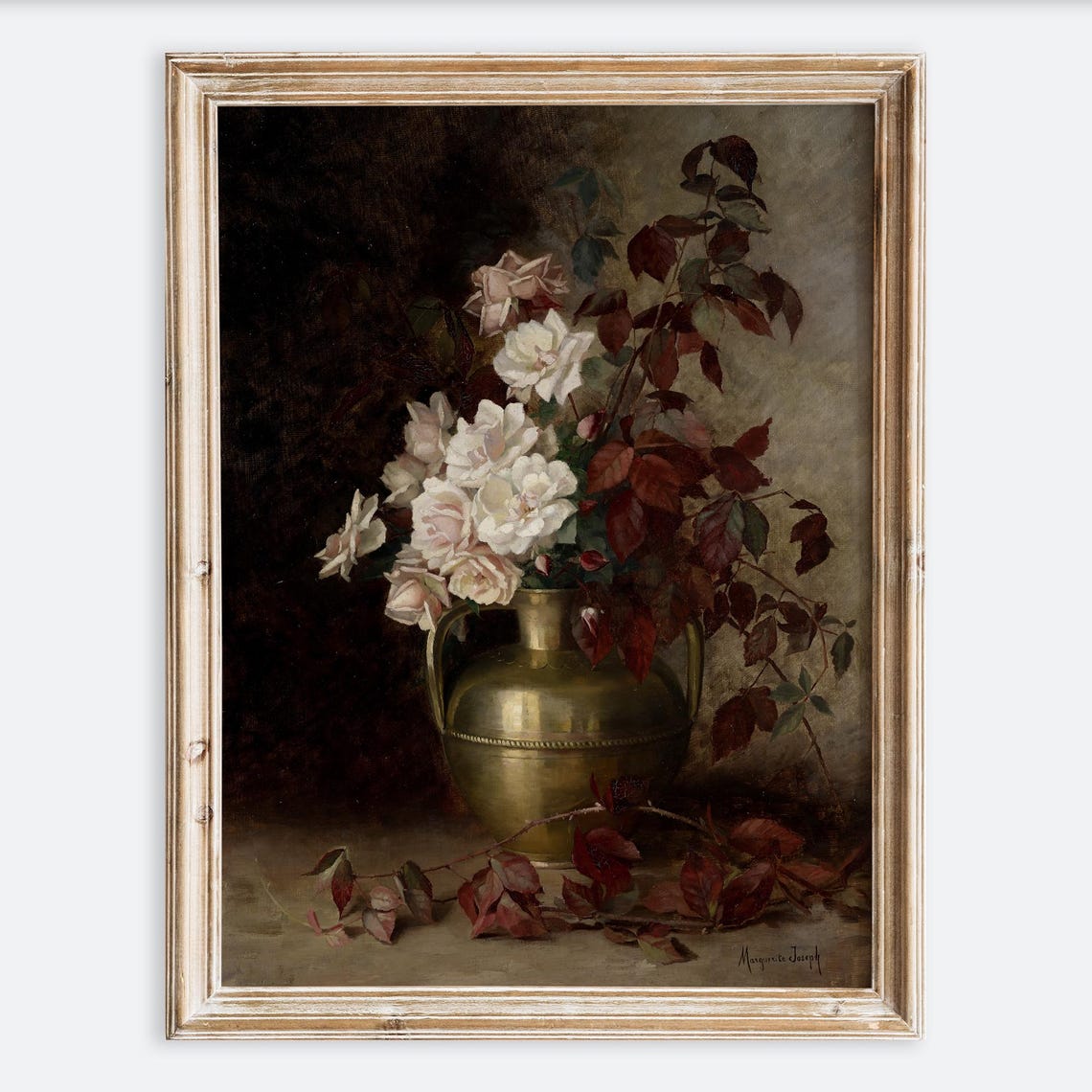 European Vintage Roses Flowers In Brass Vase Still Life Wall Art Print Rustic Dark Oil Painting Antique Moody Farmhouse Poster Vp152