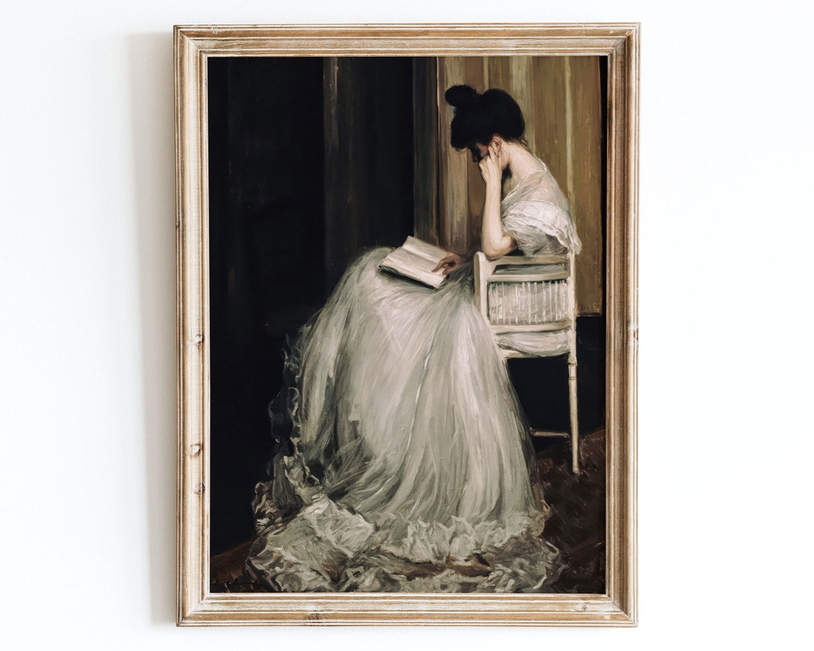 European Vintage Rustic Girl Reading Portrait Oil Painting Wall Art Print Antique Sitting Woman Poster Moody Dark Neutral Farmhouse Vp63