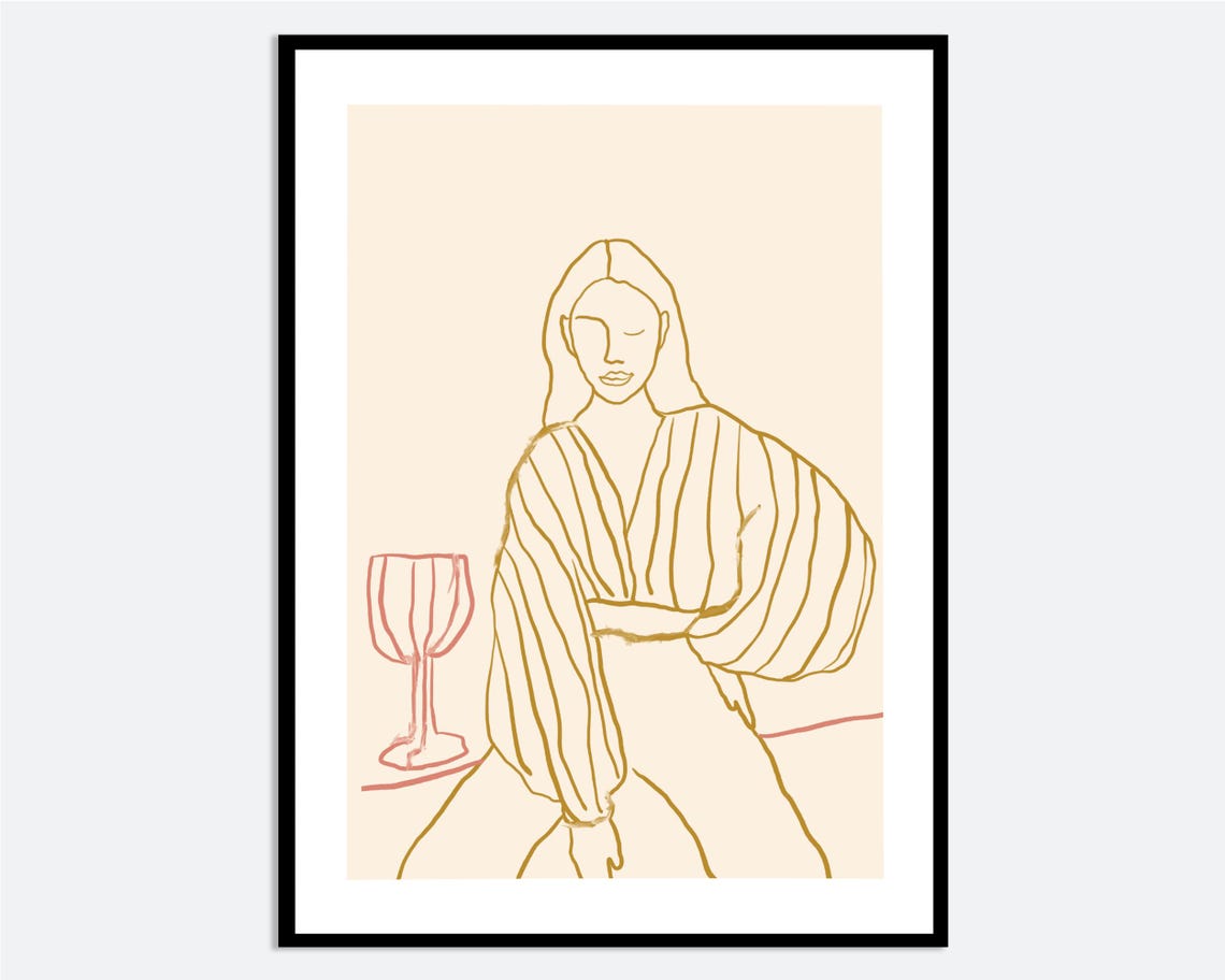 Stylish Woman Wine Glass Wall Art Print Hand Drawn Line Portrait Illustration Contemporary Modern Minimalist Fashion Girl Poster Ma111