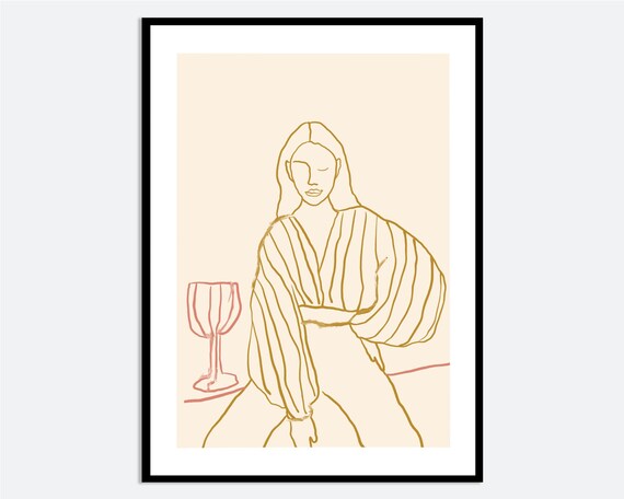 Stylish Woman Wine Glass Line Drawing Fashion Figure Art Poster