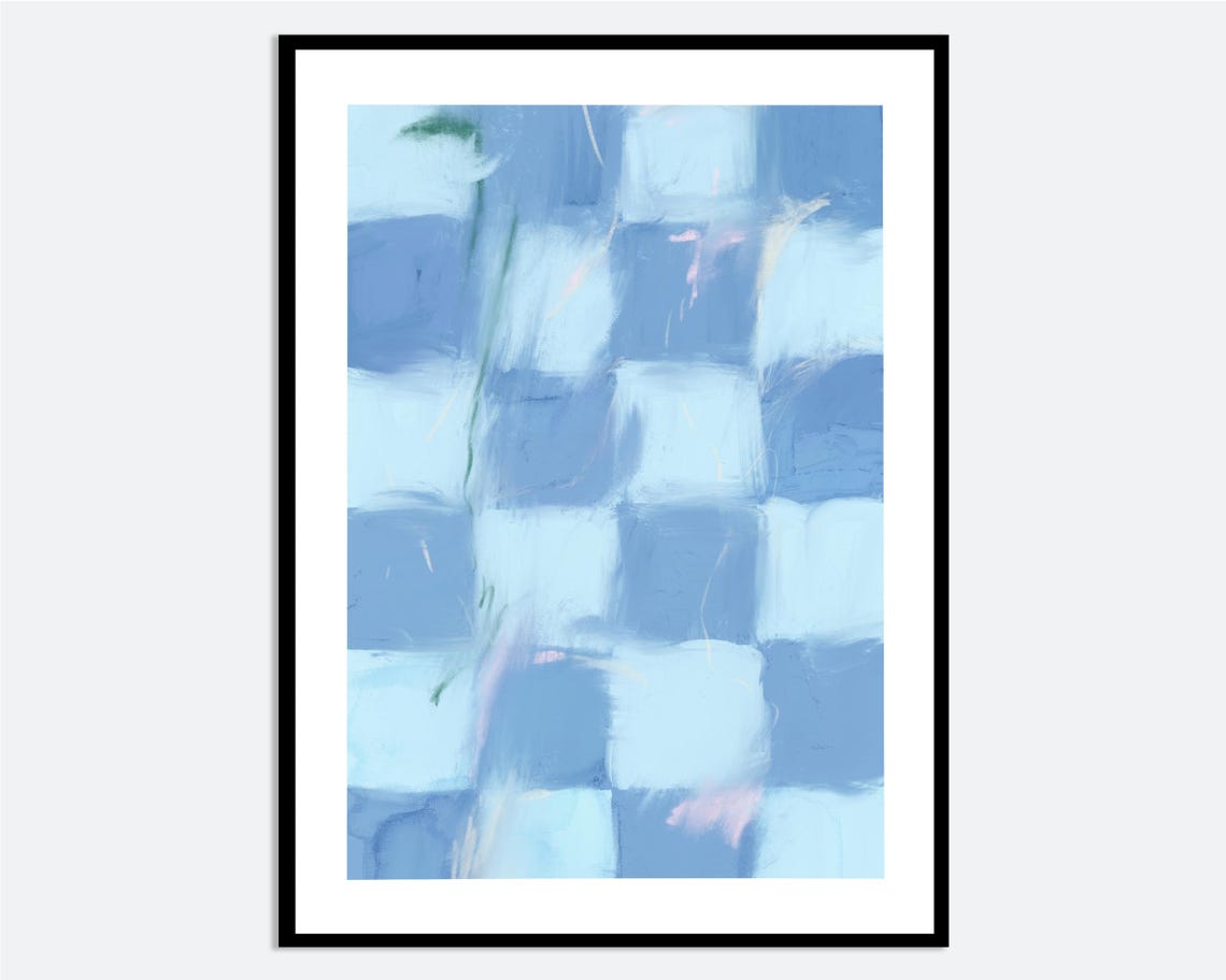 Blue Checkerboard Abstract Painterly Squares Modern Art Print