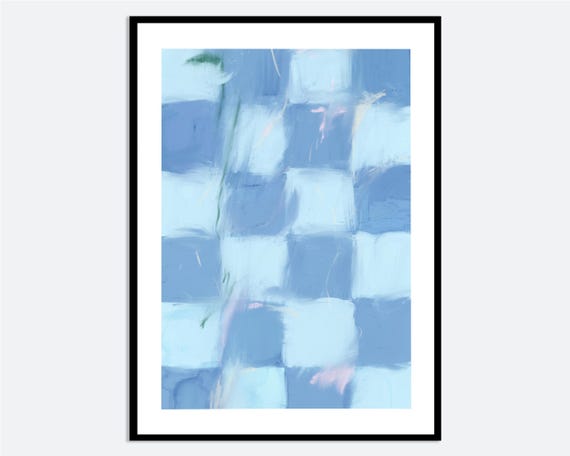 Blue Checkerboard Abstract Wall Art Print Hand Painted Modern Checkered Pattern Illustration Contemporary Geometric Poster Ma120