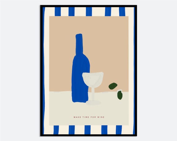 Contemporary Wine Bottle Wall Art Print Hand Painted Modern Still Life Poster Graphic Blue Kitchen Decor Illustration Ma168
