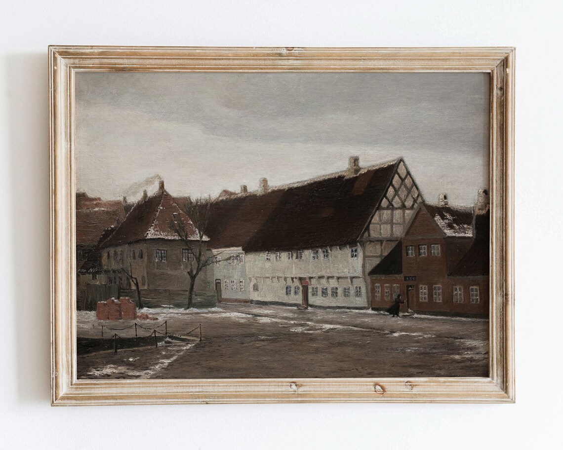 Old Village Street in Winter with Half Timbered Houses Vintage Poster