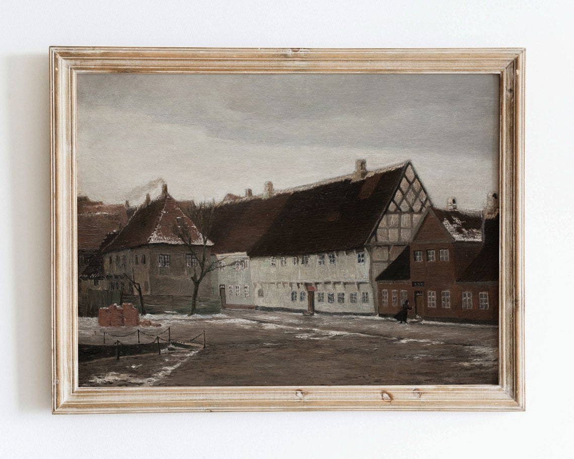 Rustic Vintage European Country Village Oil Painting Wall Art Print Neutral Warm Toned Landscape Poster Antique Moody Farmhouse Decor Vp64