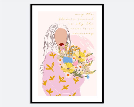 Woman With Bouquet And Quote Wall Art Print Hand Drawn Spring Summer Flowers Illustration Contemporary Modern Girl Poster Ma59