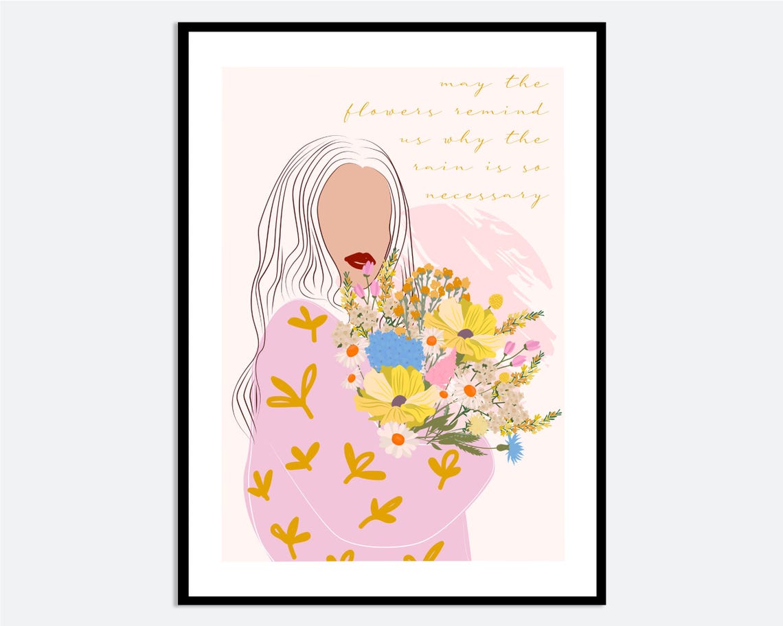 Woman With Bouquet May Flowers Rain Necessary Quote Floral Poster